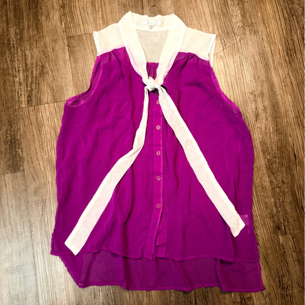 Papaya Sheer Fuchsia Sleeveless Tie-Neck Blouse with Cream Accents